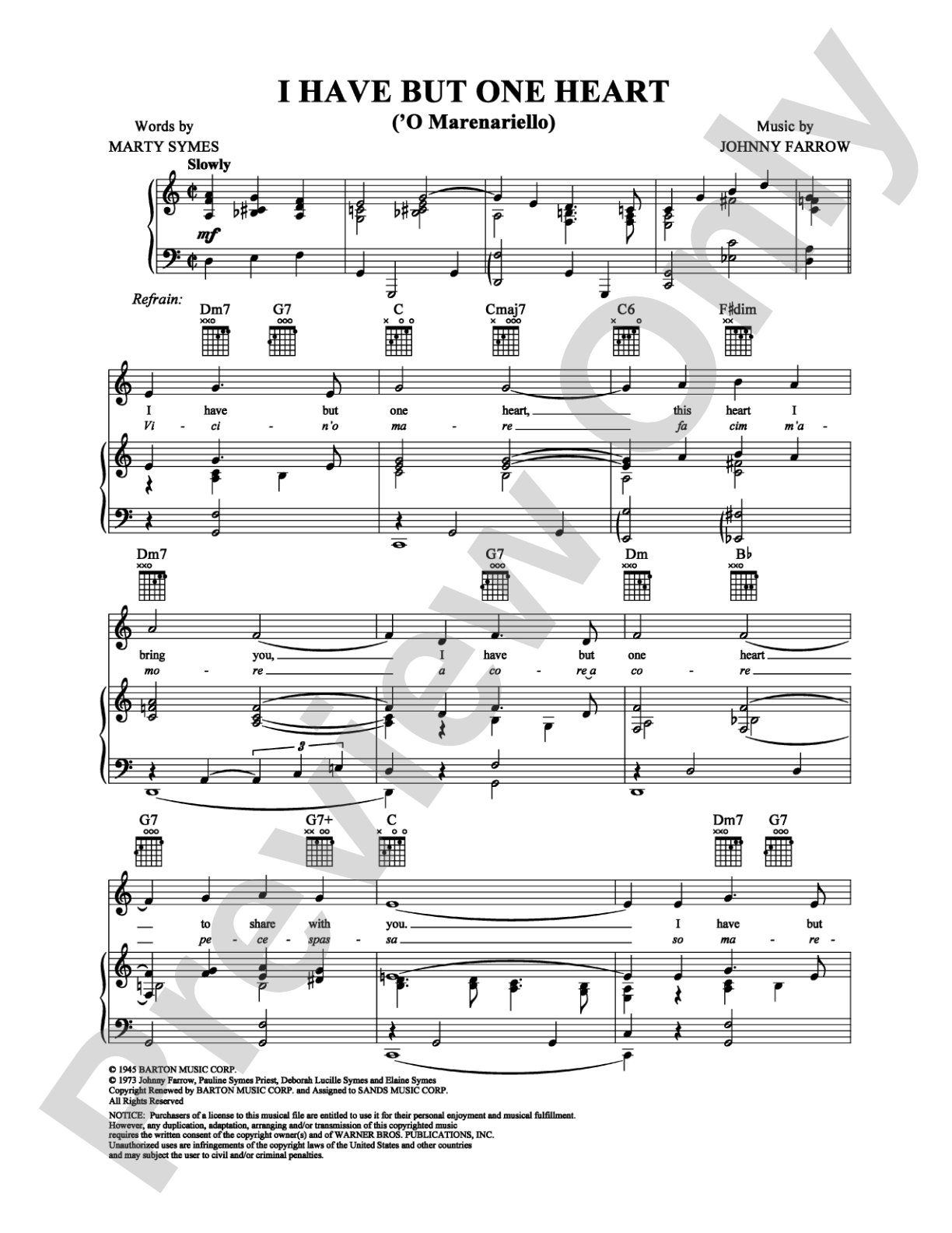 I Have But One Heart: Piano/Vocal/Chords Digital Sheet Music