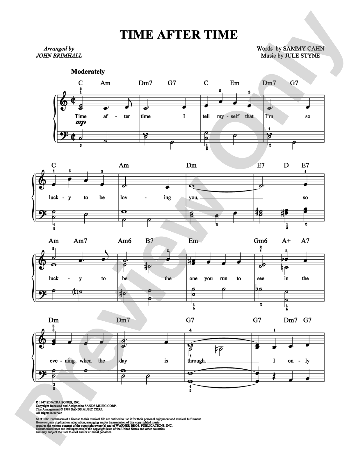 Time After Time: Easy Piano Digital Sheet Music