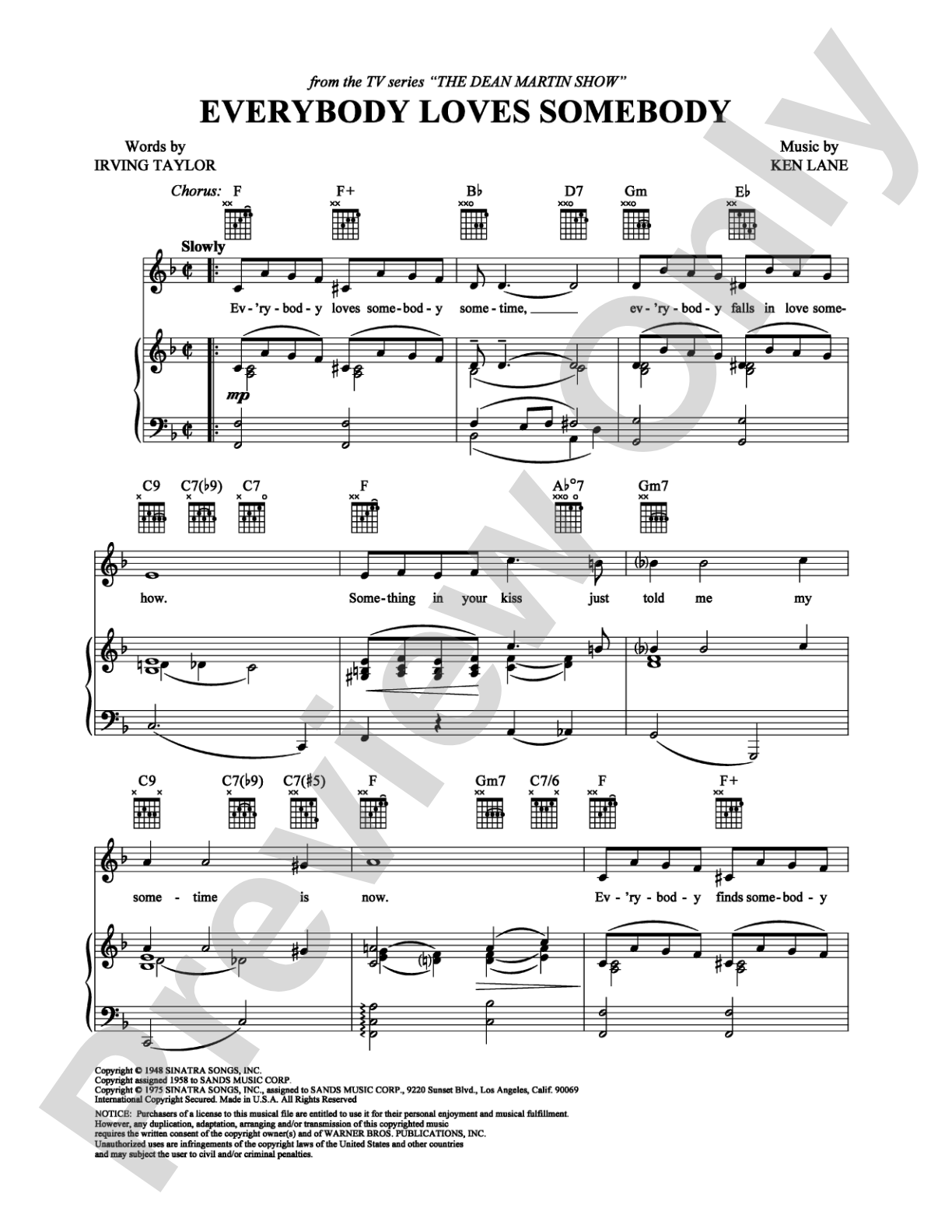 Everybody Loves Somebody: Piano/Vocal/Chords Digital Sheet Music