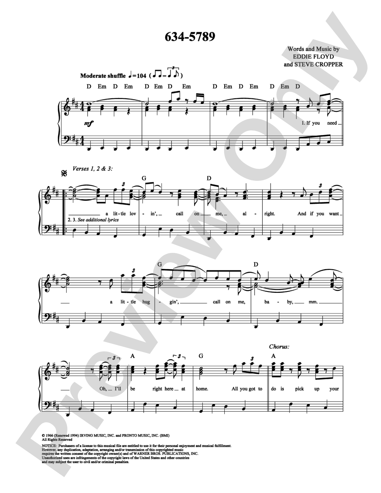 634-5789: Piano/Vocal/Chords Digital Sheet Music