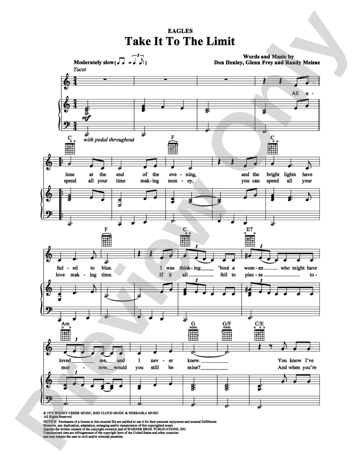 Take It To The Limit: Piano/Vocal/Chords Digital Sheet Music