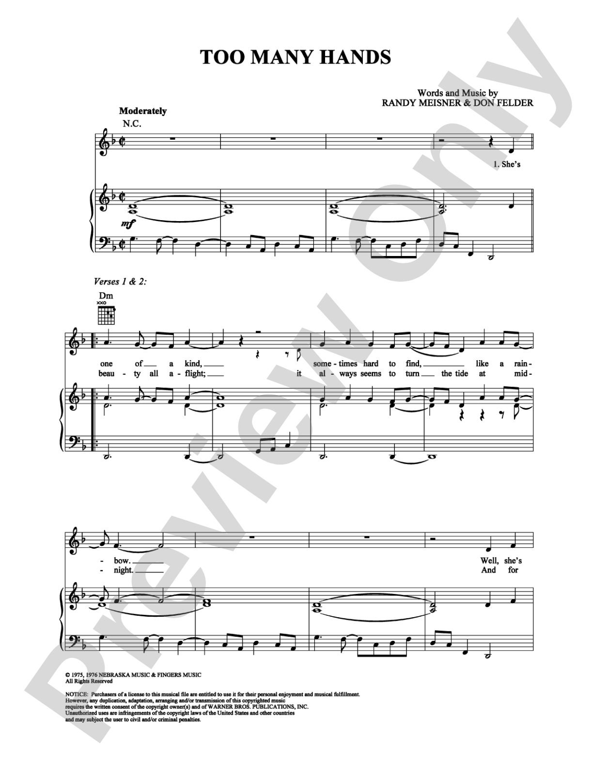 Too Many Hands: Piano/Vocal/Chords Digital Sheet Music