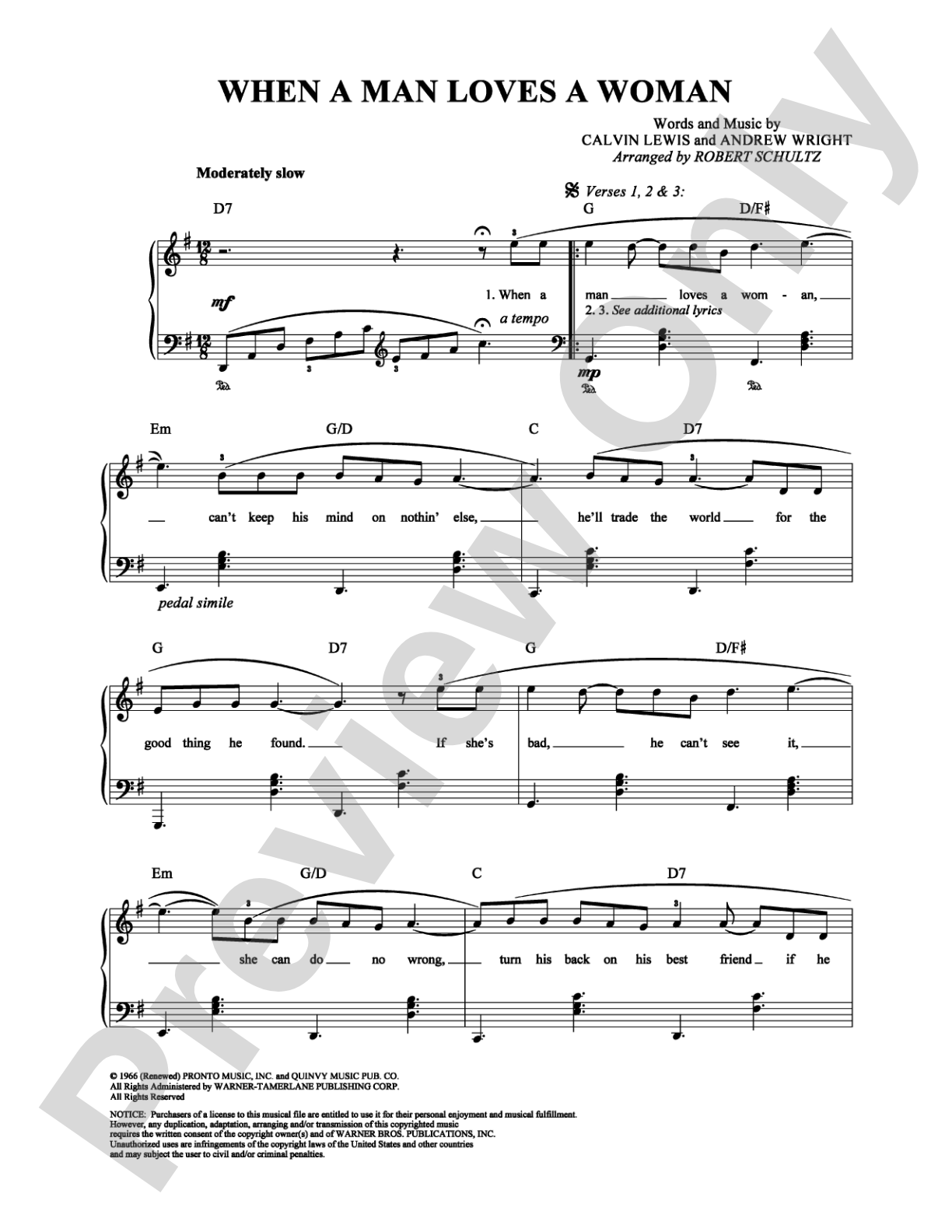 When a Man Loves a Woman: Piano/Vocal/Chords Digital Sheet Music