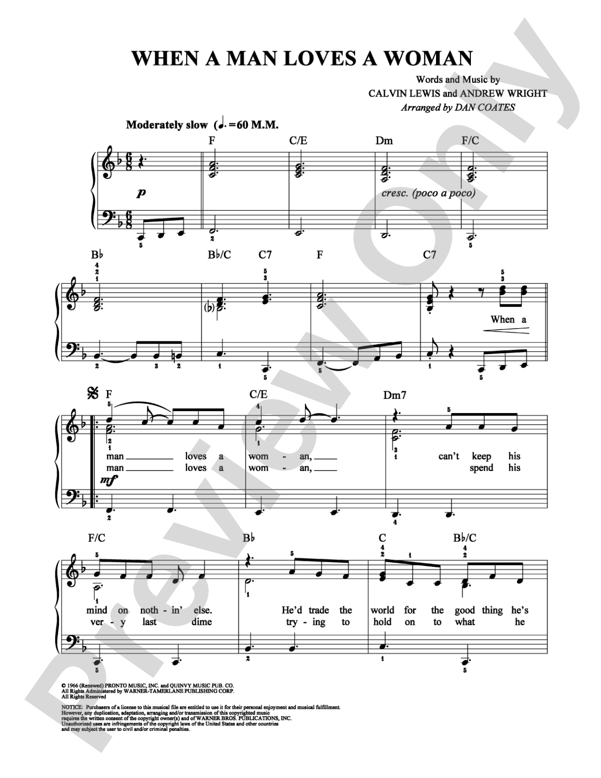 When a Man Loves a Woman: Easy Piano Digital Sheet Music