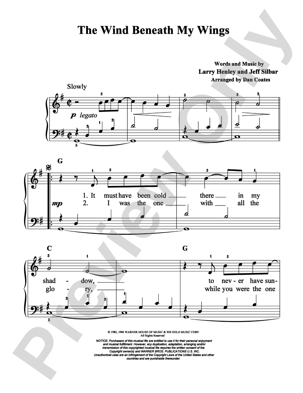 The Wind Beneath My Wings: Easy Piano Digital Sheet Music