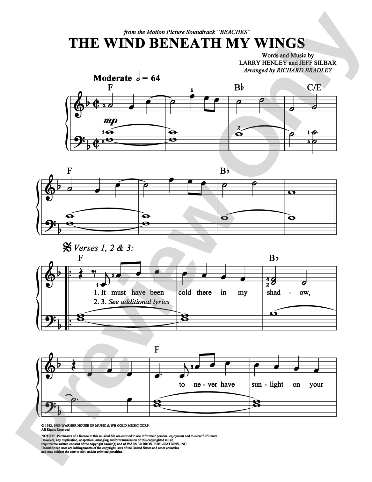 The Wind Beneath My Wings: Easy Piano Digital Sheet Music