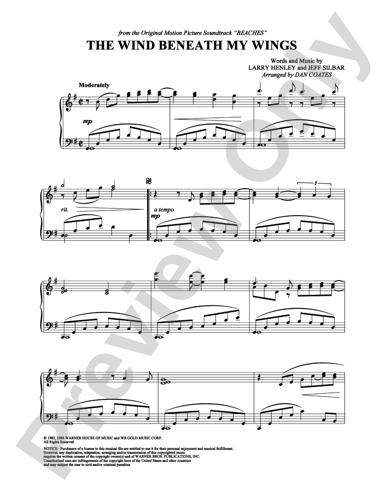 The Wind Beneath My Wings: Piano Digital Sheet Music
