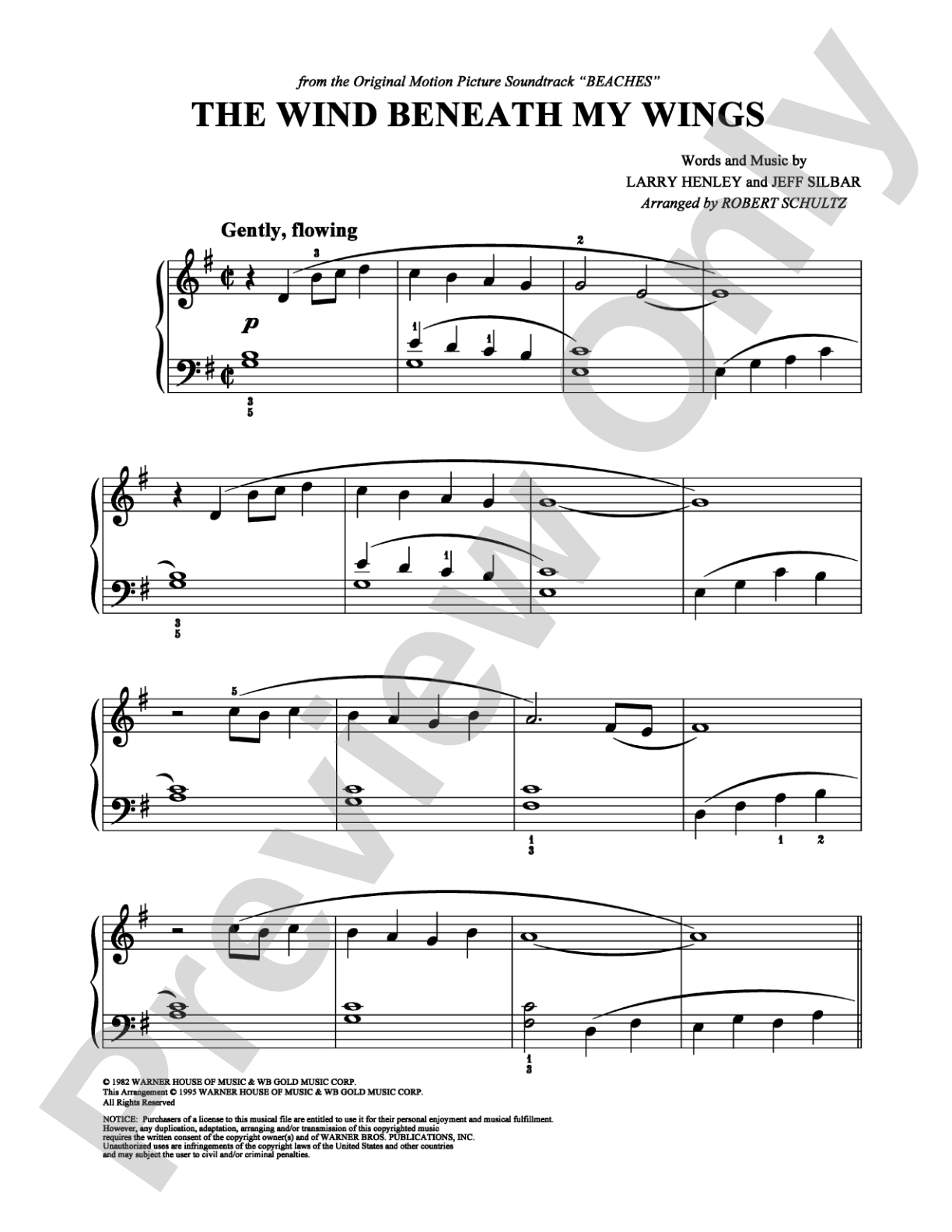 The Wind Beneath My Wings: Easy Piano Digital Sheet Music