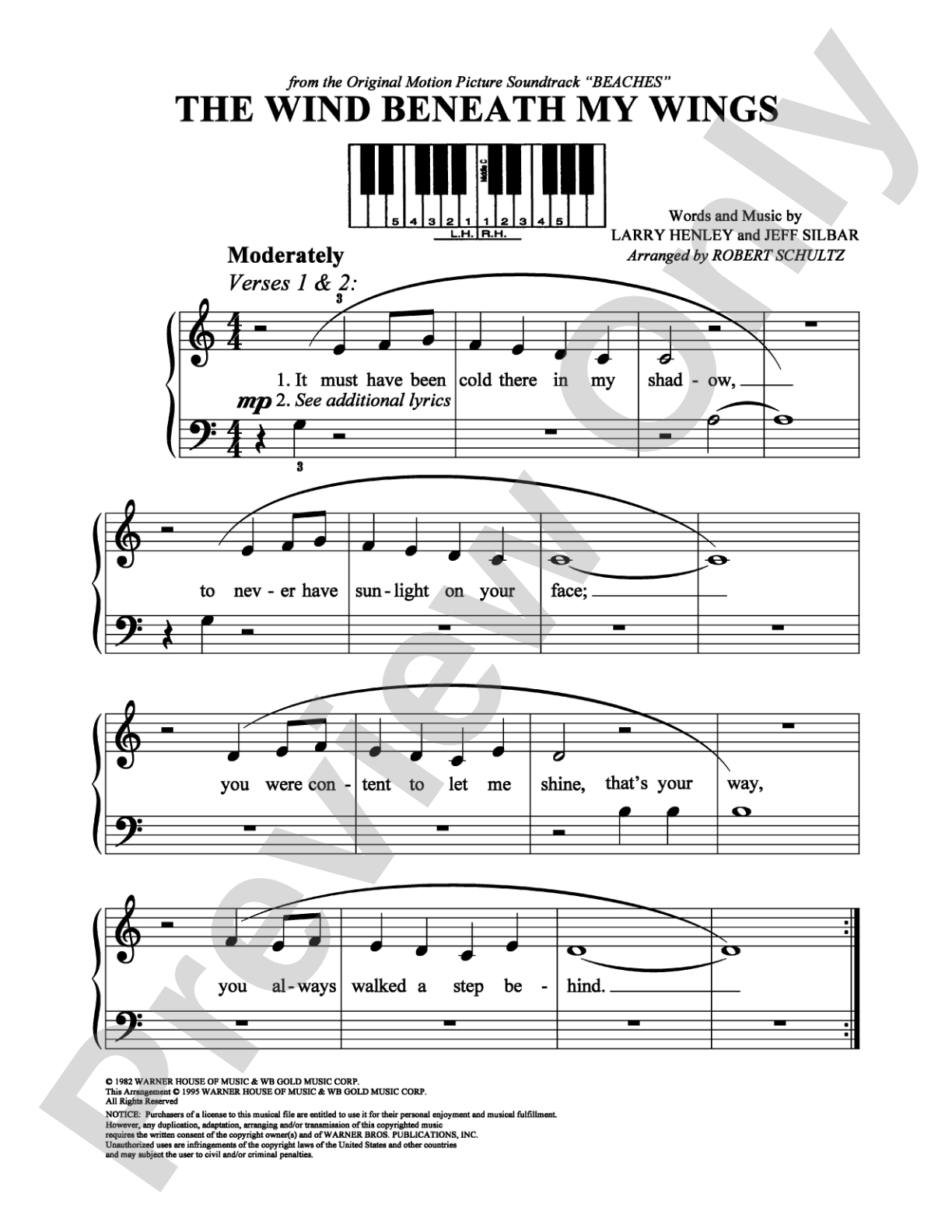 The Wind Beneath My Wings: Easy Piano Digital Sheet Music