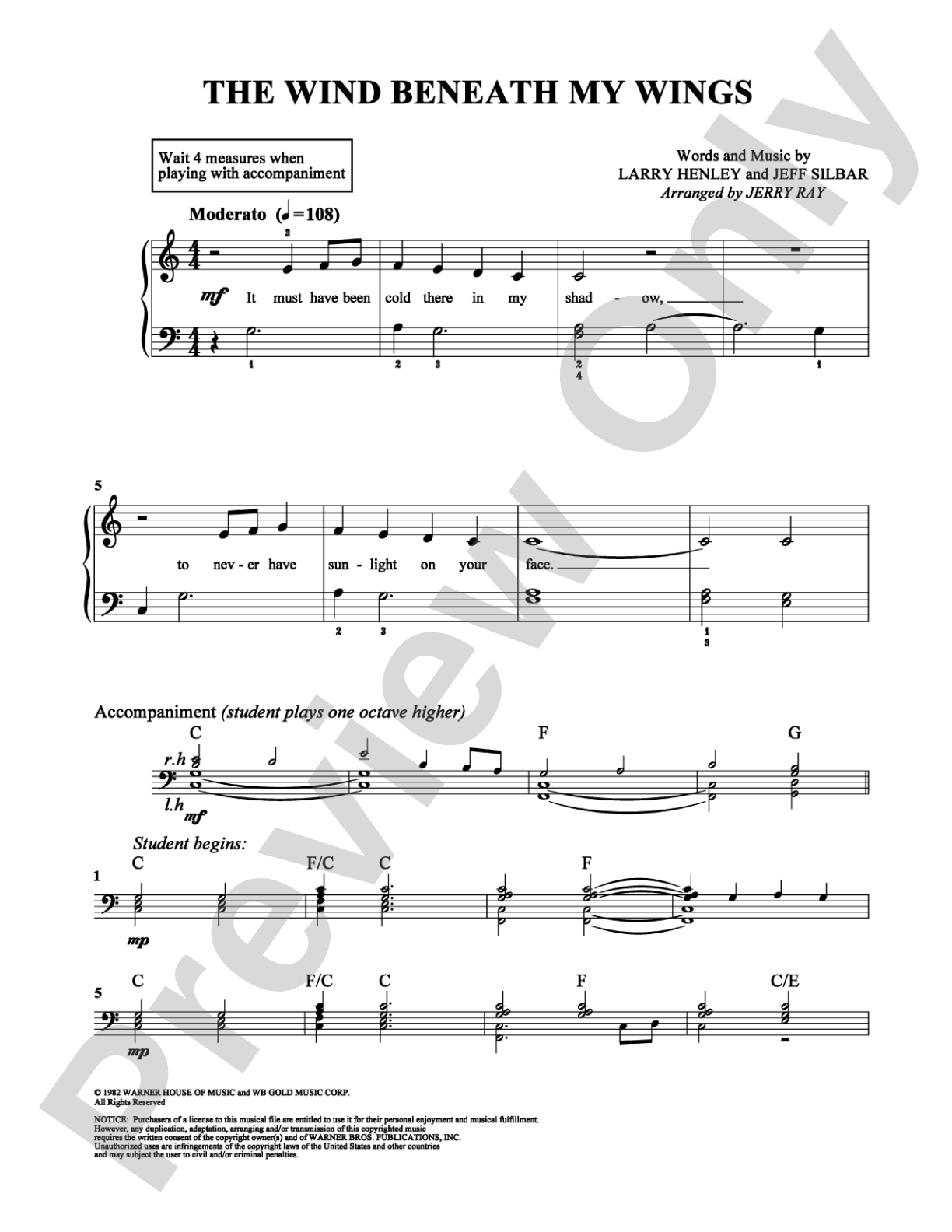 The Wind Beneath My Wings: Easy Piano Digital Sheet Music
