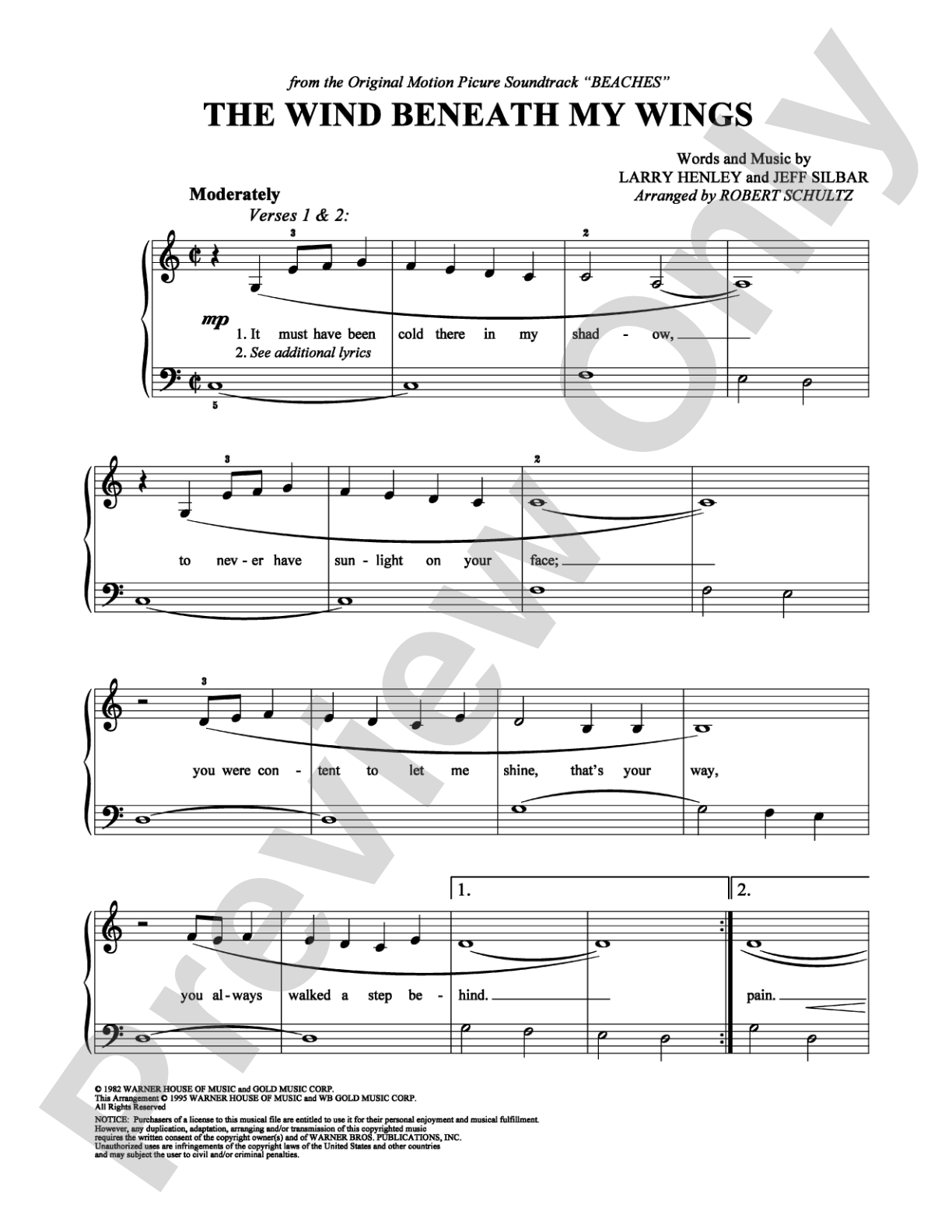 Wind Beneath My Wings (from "Beaches"): Easy Piano Digital Sheet Music