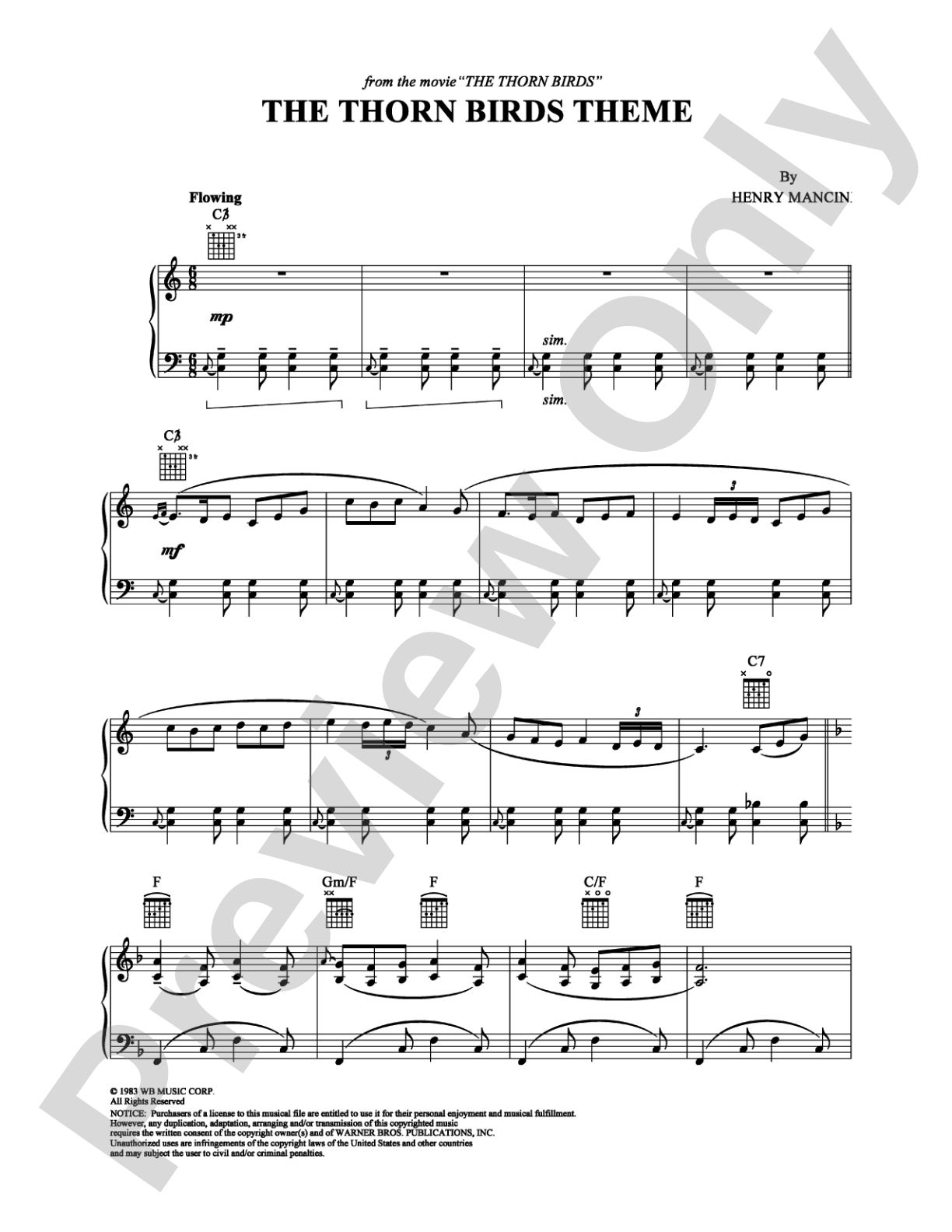 The Thorn Birds Theme: Piano Digital Sheet Music