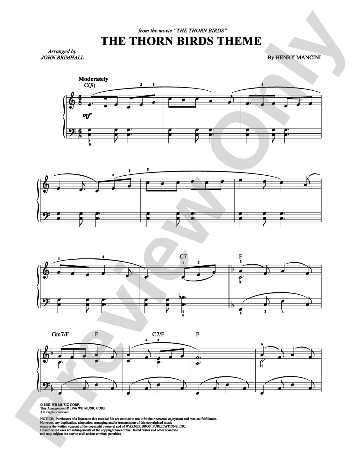 The Thorn Birds Theme: Easy Piano Digital Sheet Music