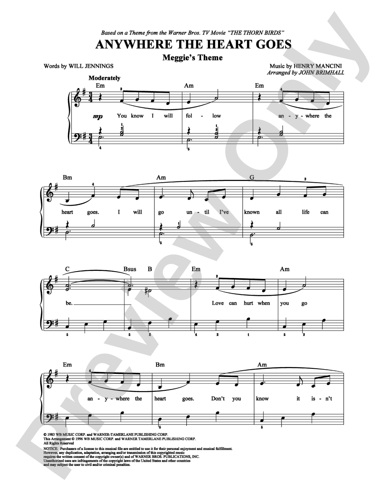 Anywhere the Heart Goes (Meggie's Theme): Easy Piano Digital Sheet Music