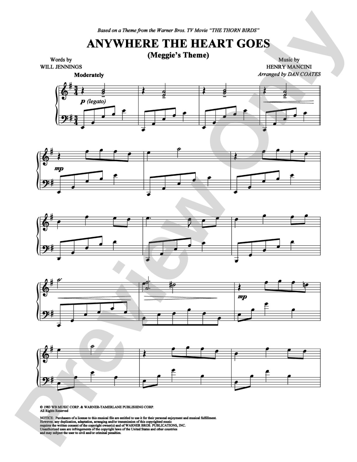 Anywhere the Heart Goes (Meggie's Theme): Piano Digital Sheet Music
