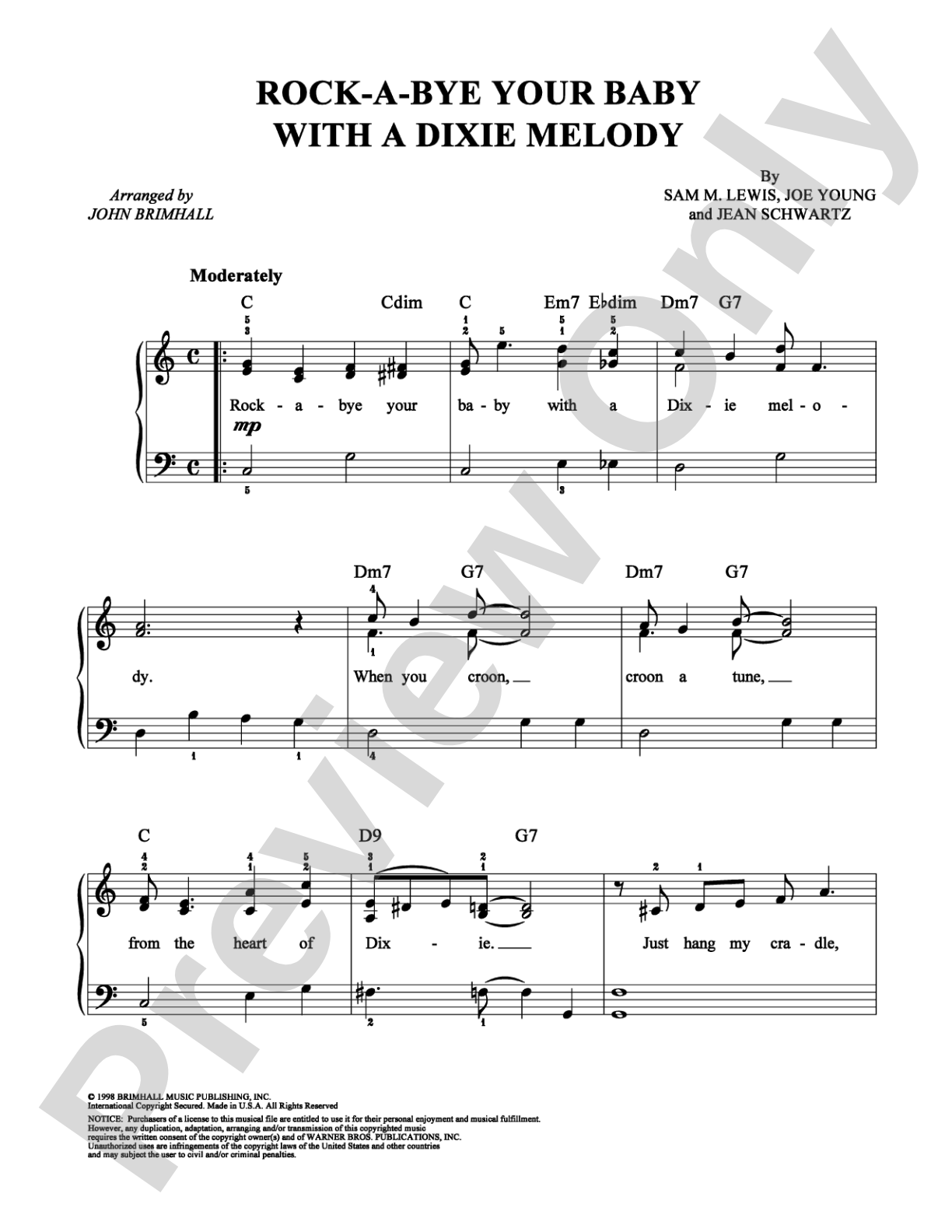 Rock-A-Bye Your Baby (With A Dixie Melody): Easy Piano Digital Sheet Music