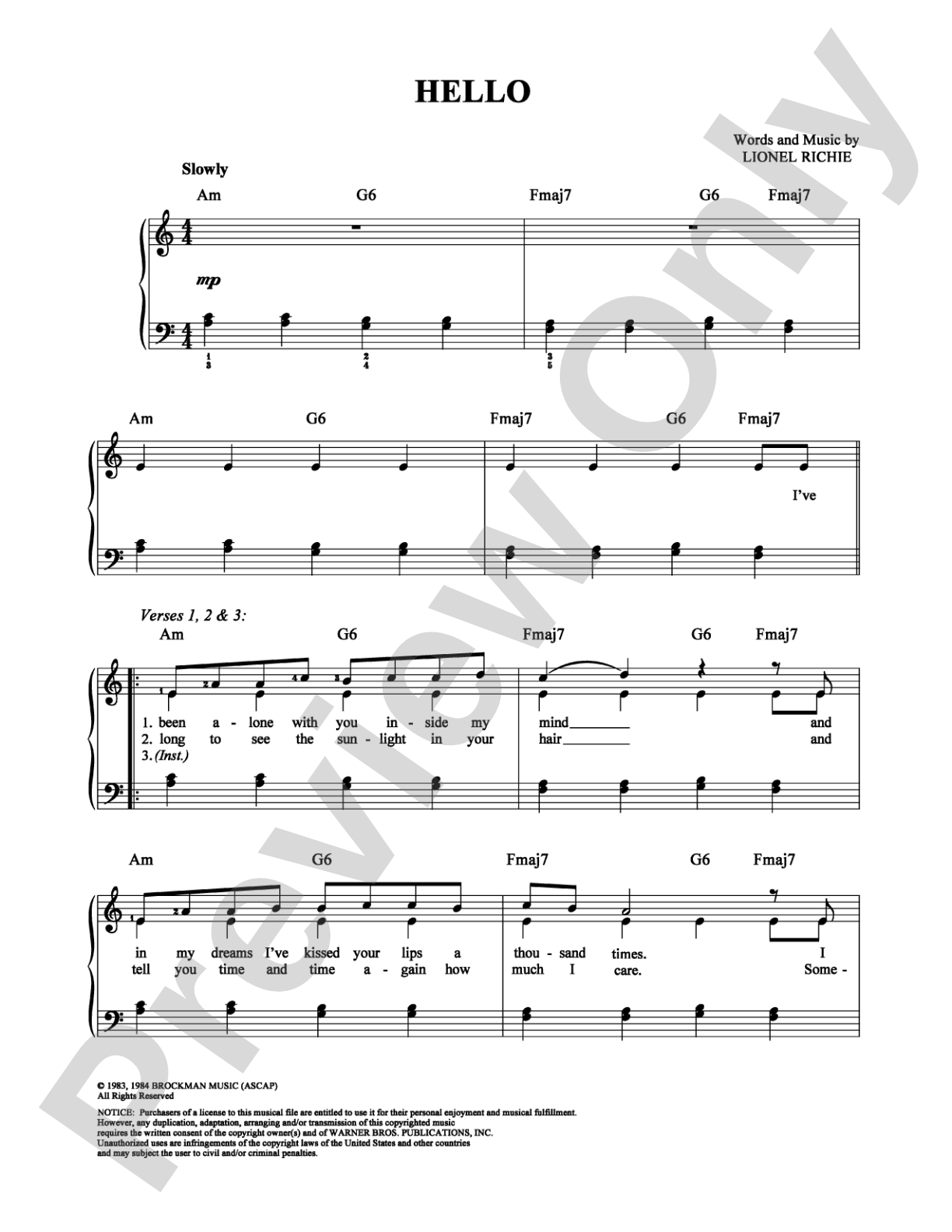 Hello: Piano/Vocal/Chords Digital Sheet Music