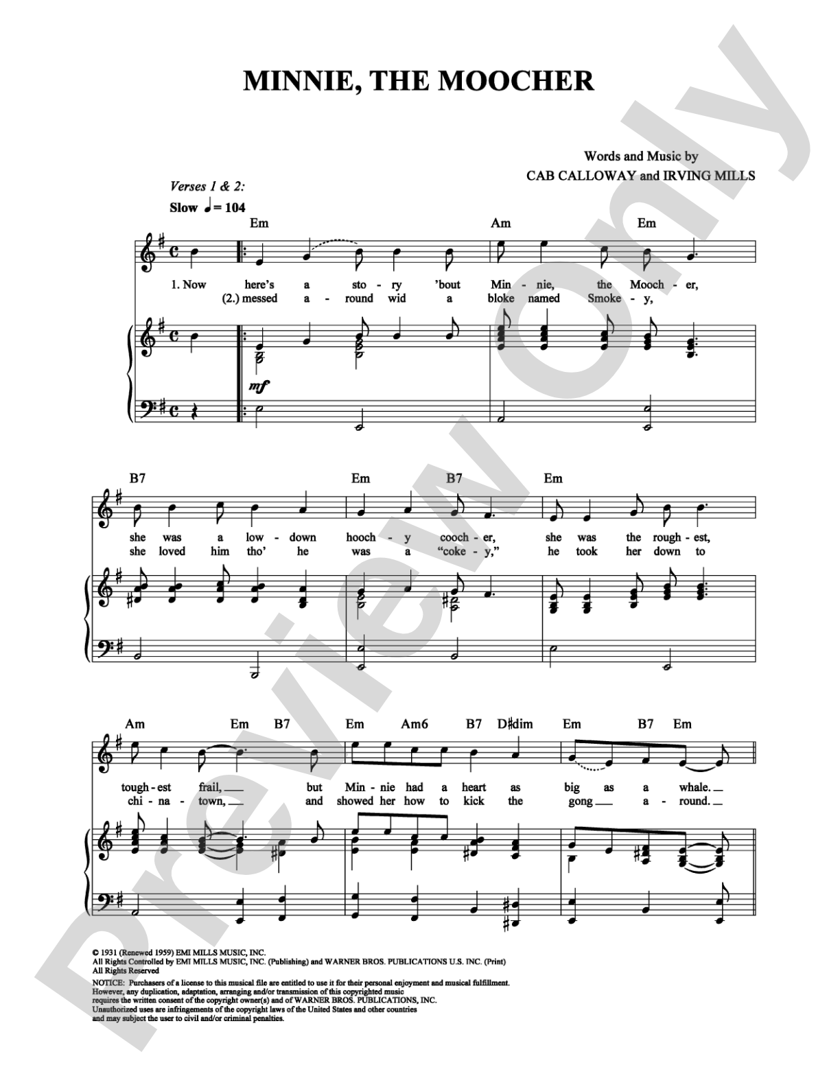 Minnie, the Moocher: Piano/Vocal/Chords Digital Sheet Music