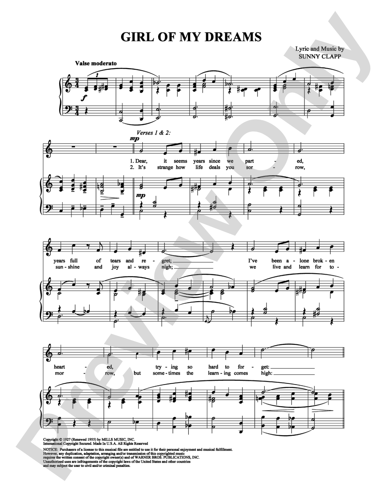 Girl Of My Dreams: Piano/Vocal/Chords Digital Sheet Music