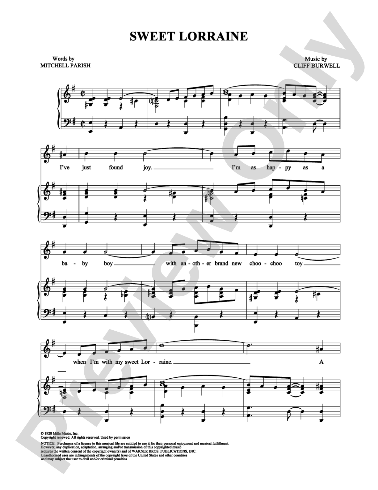 Sweet Lorraine: Piano/Vocal/Chords Digital Sheet Music