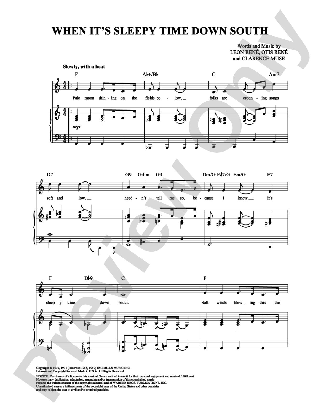 When It's Sleepy Time Down South: Piano/Vocal/Chords Digital Sheet Music