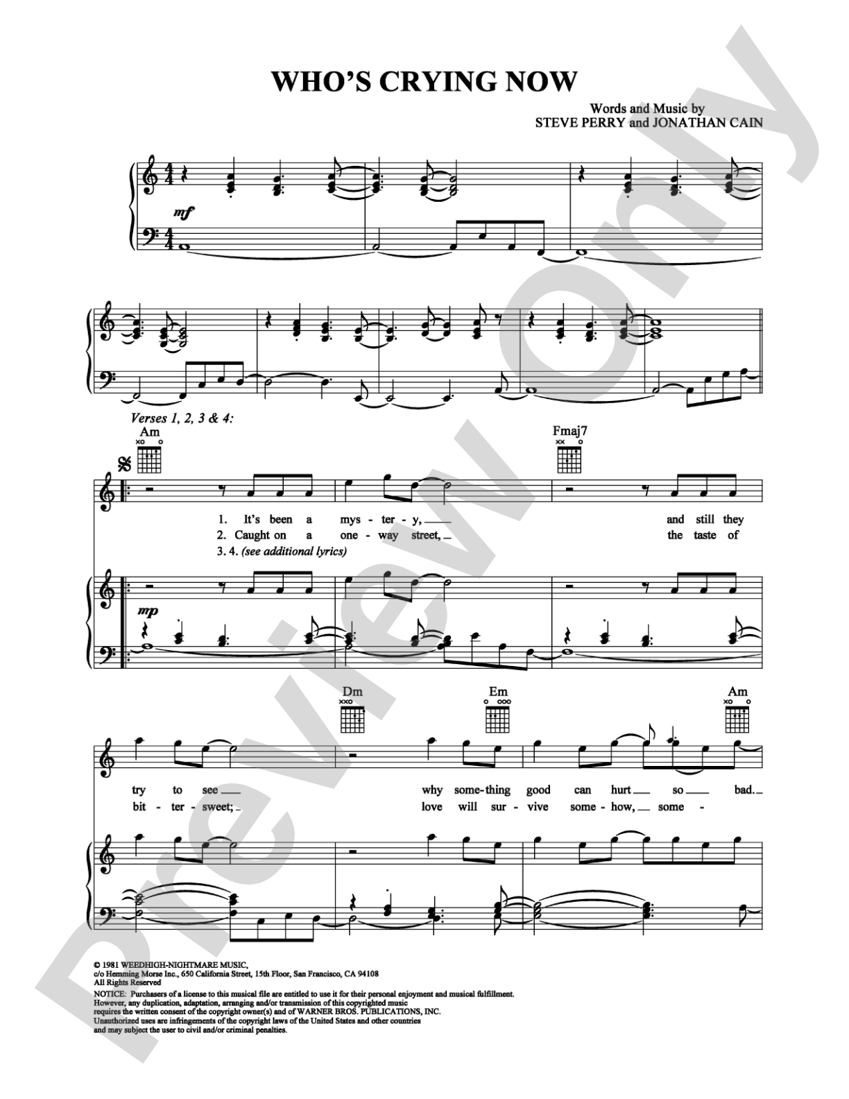 Who's Crying Now: Piano/Vocal/Chords Digital Sheet Music