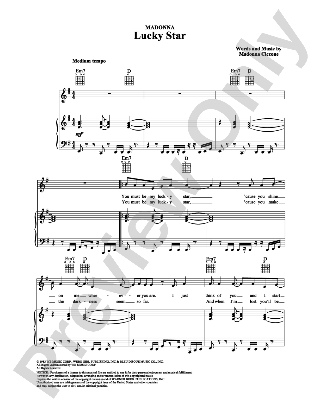 Lucky Star: Piano/Vocal/Chords Digital Sheet Music