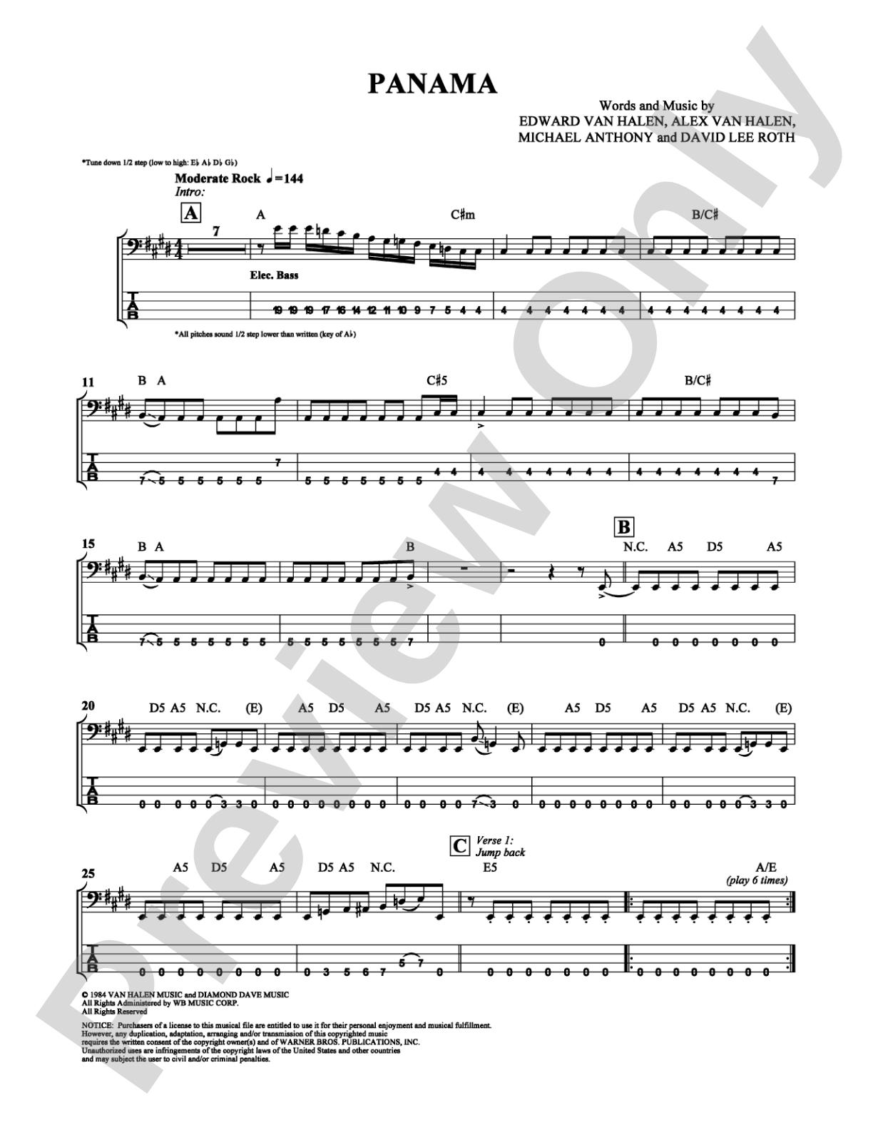 Panama: Bass TAB Digital Sheet Music