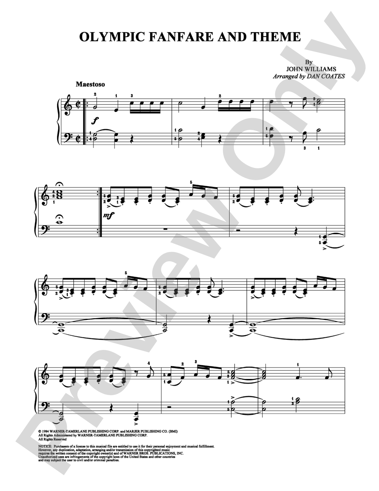 Olympic Fanfare and Theme: Easy Piano Digital Sheet Music