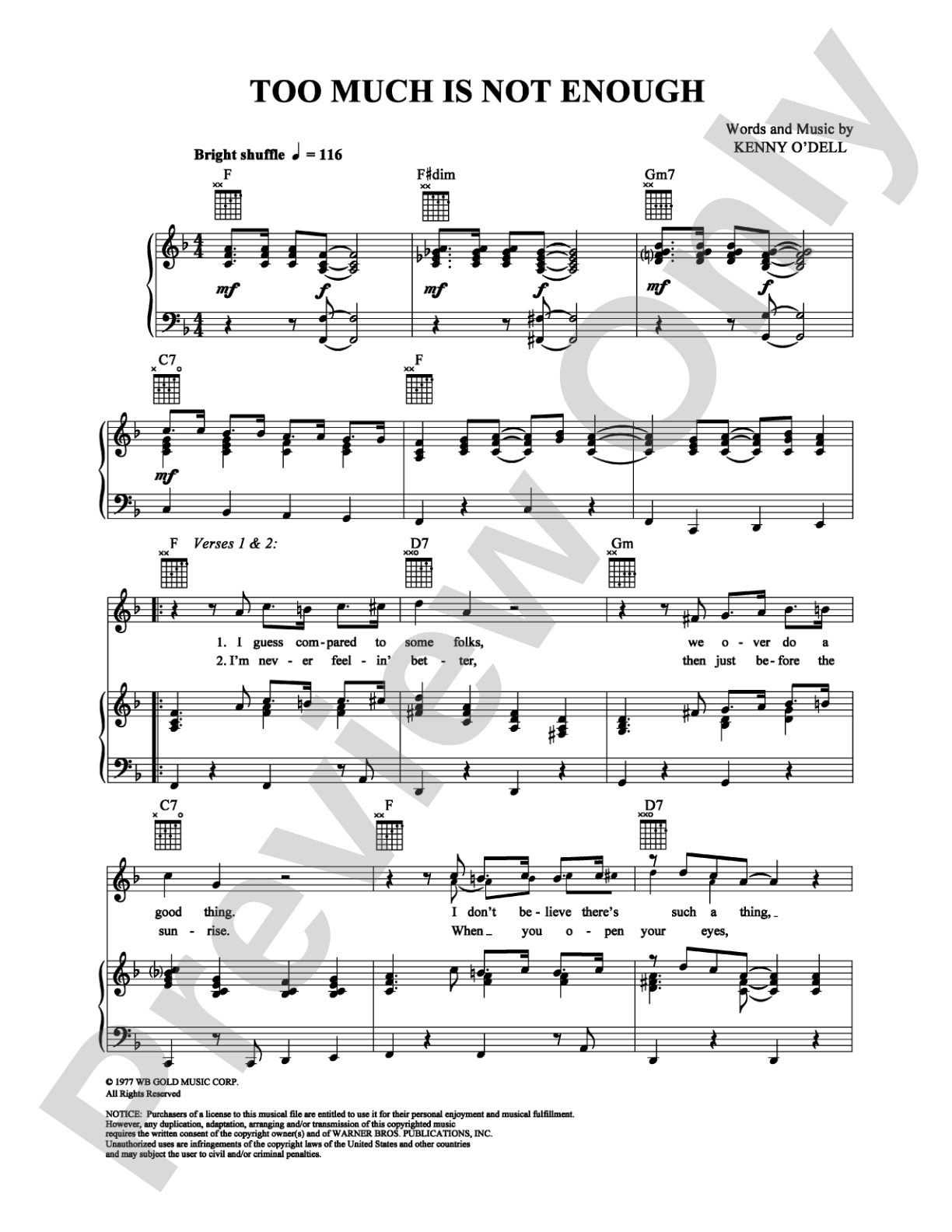 Too Much Is Not Enough: Piano/Vocal/Chords Digital Sheet Music