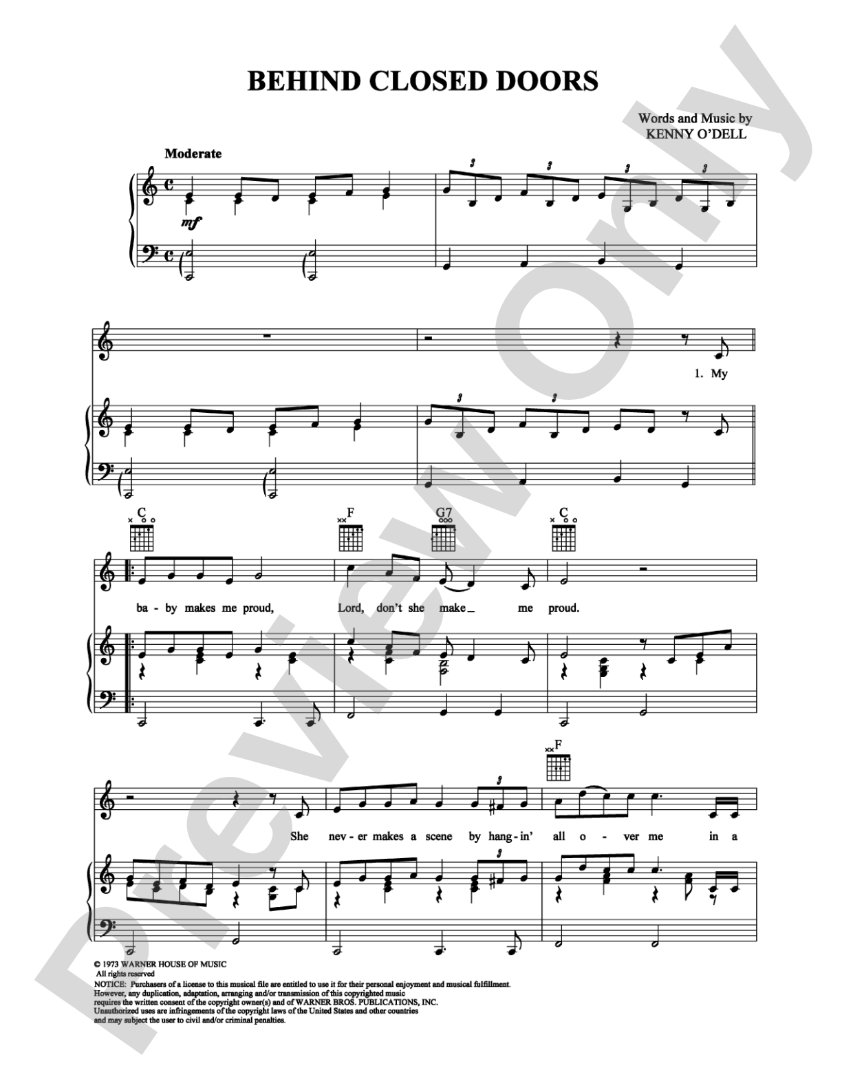 Behind Closed Doors: Piano/Vocal/Chords Digital Sheet Music