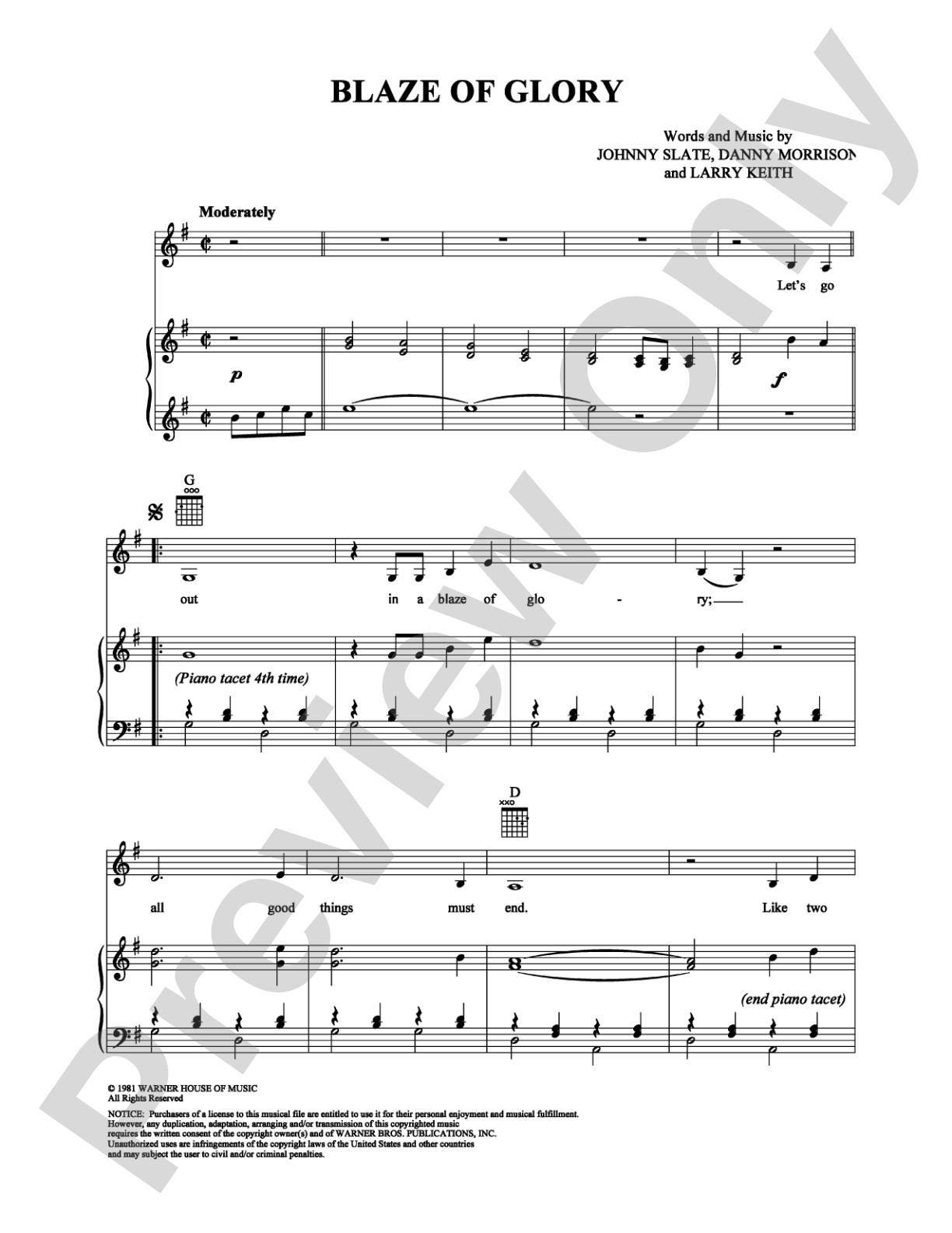 Blaze of Glory: Piano/Vocal/Chords Digital Sheet Music