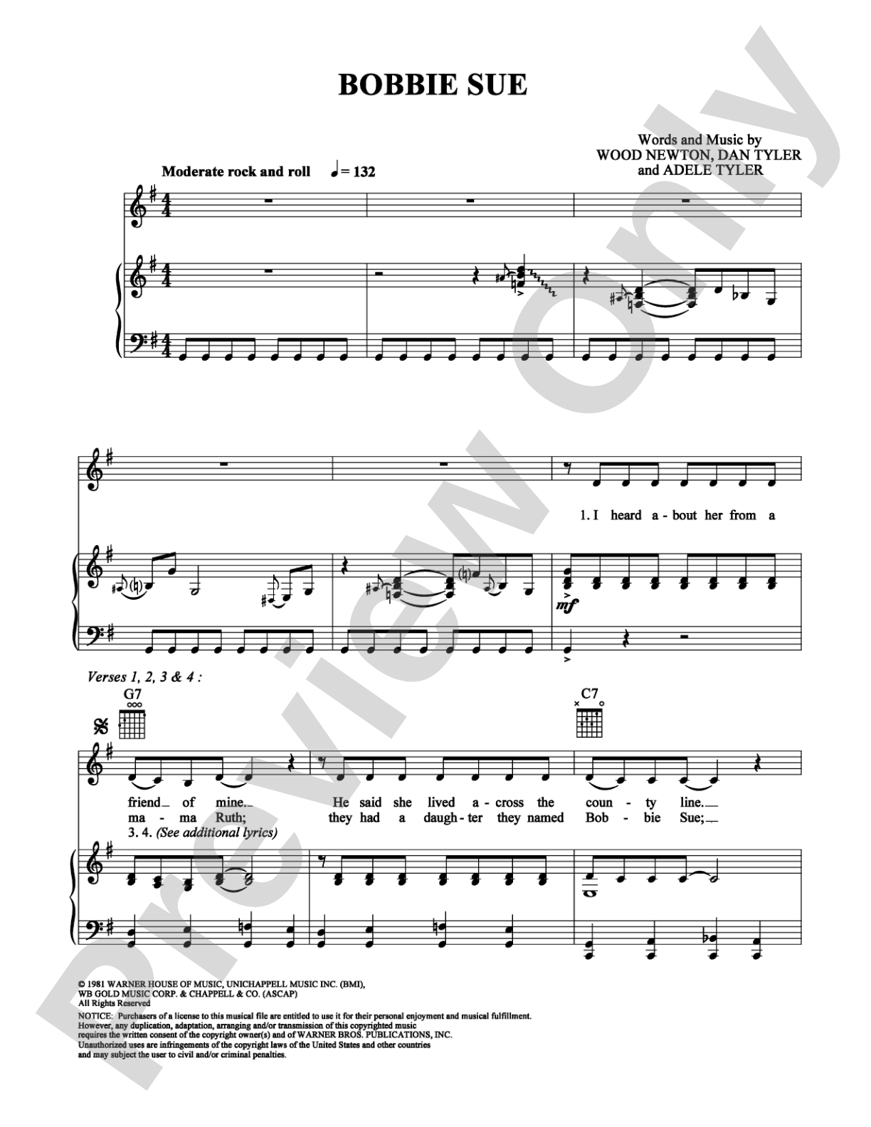 Bobbie Sue: Piano/Vocal/Chords Digital Sheet Music