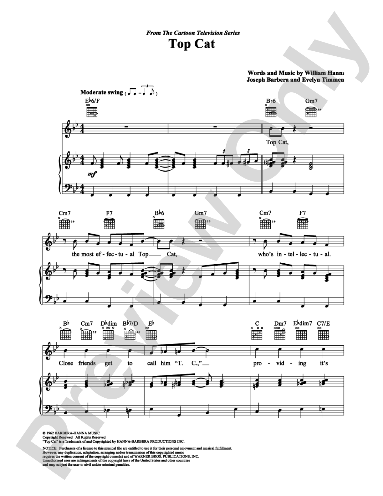 Top Cat: Piano/Vocal/Chords Digital Sheet Music