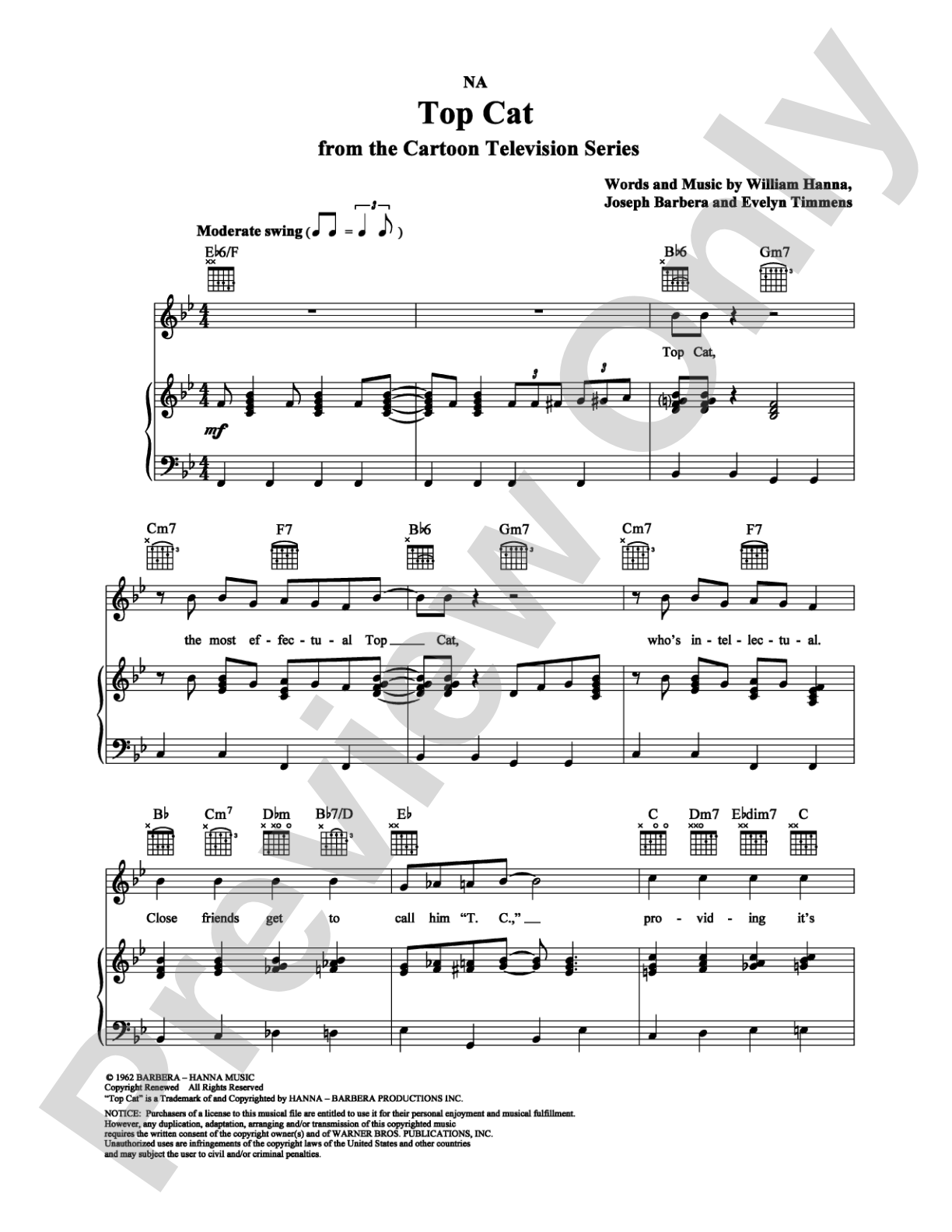 Top Cat: Piano/Vocal/Chords Digital Sheet Music