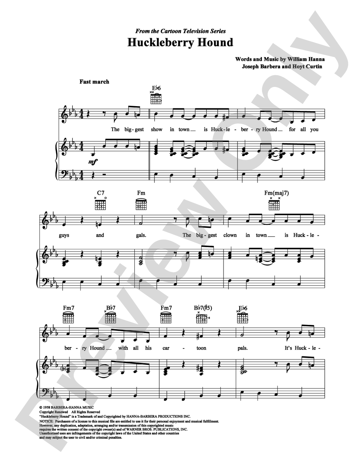 Huckleberry Hound: Piano/Vocal/Chords Digital Sheet Music