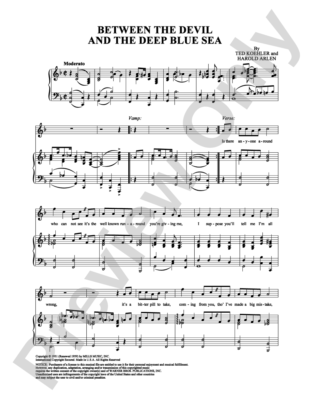 Between the Devil and the Deep Blue Sea: Piano/Vocal/Chords Digital Sheet Music