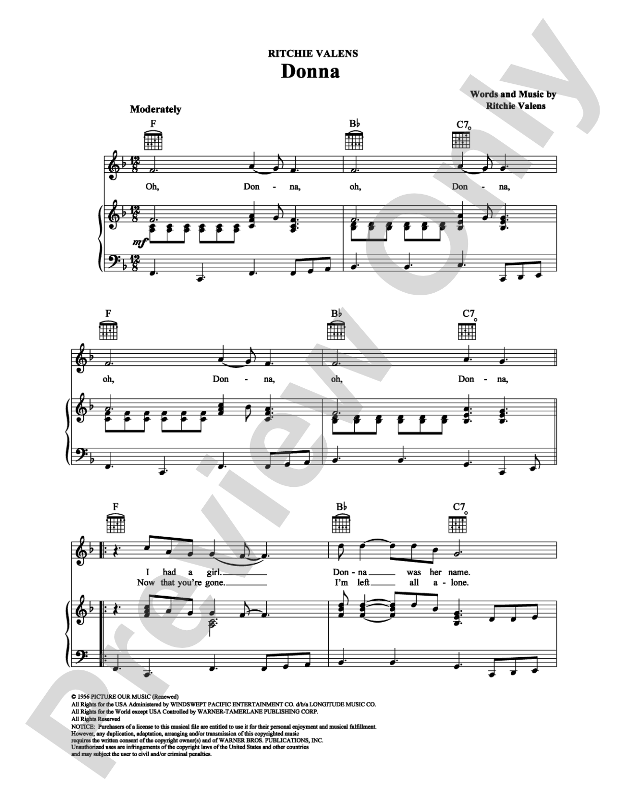 Donna: Piano/Vocal/Chords Digital Sheet Music