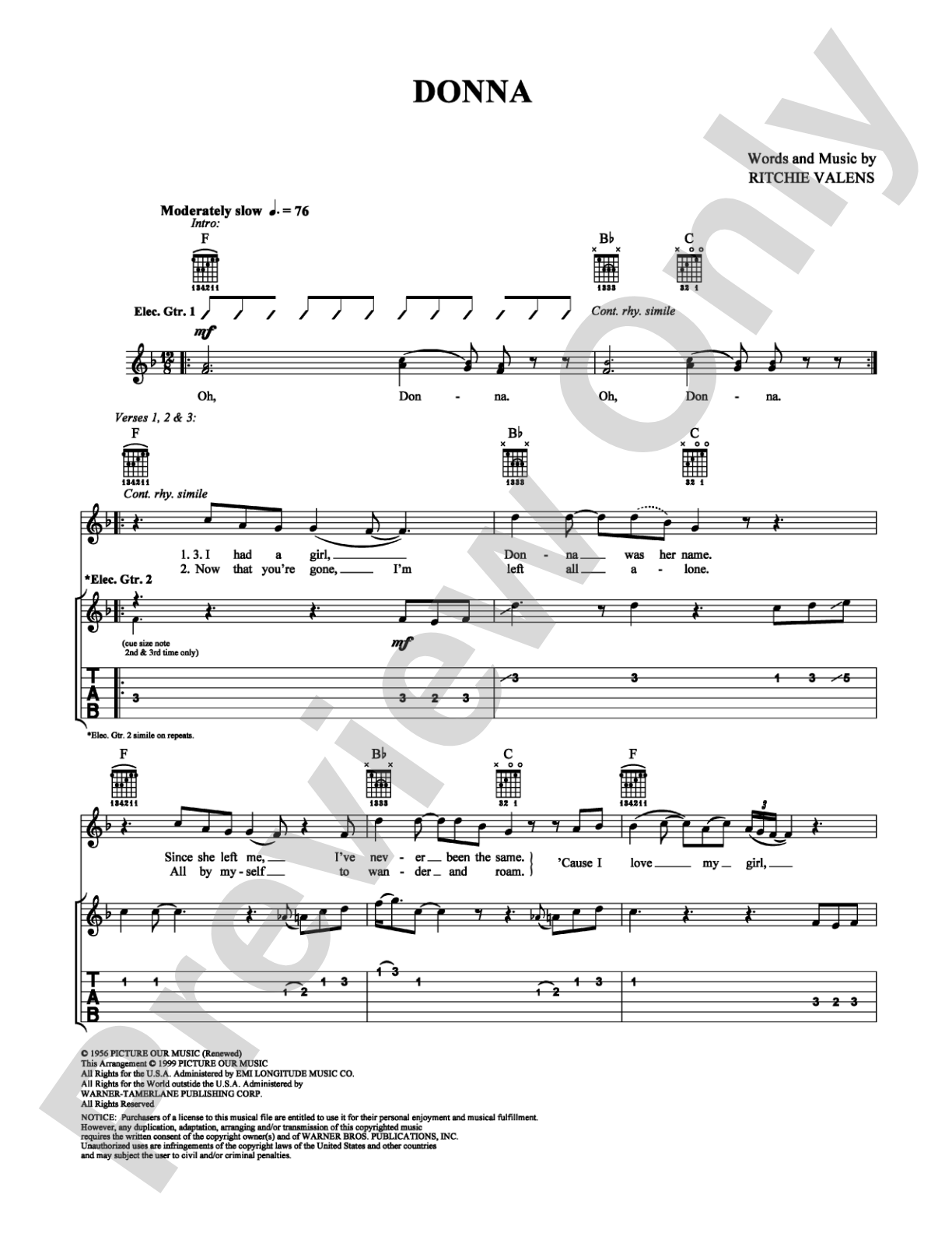 Donna: Easy Guitar Digital Sheet Music