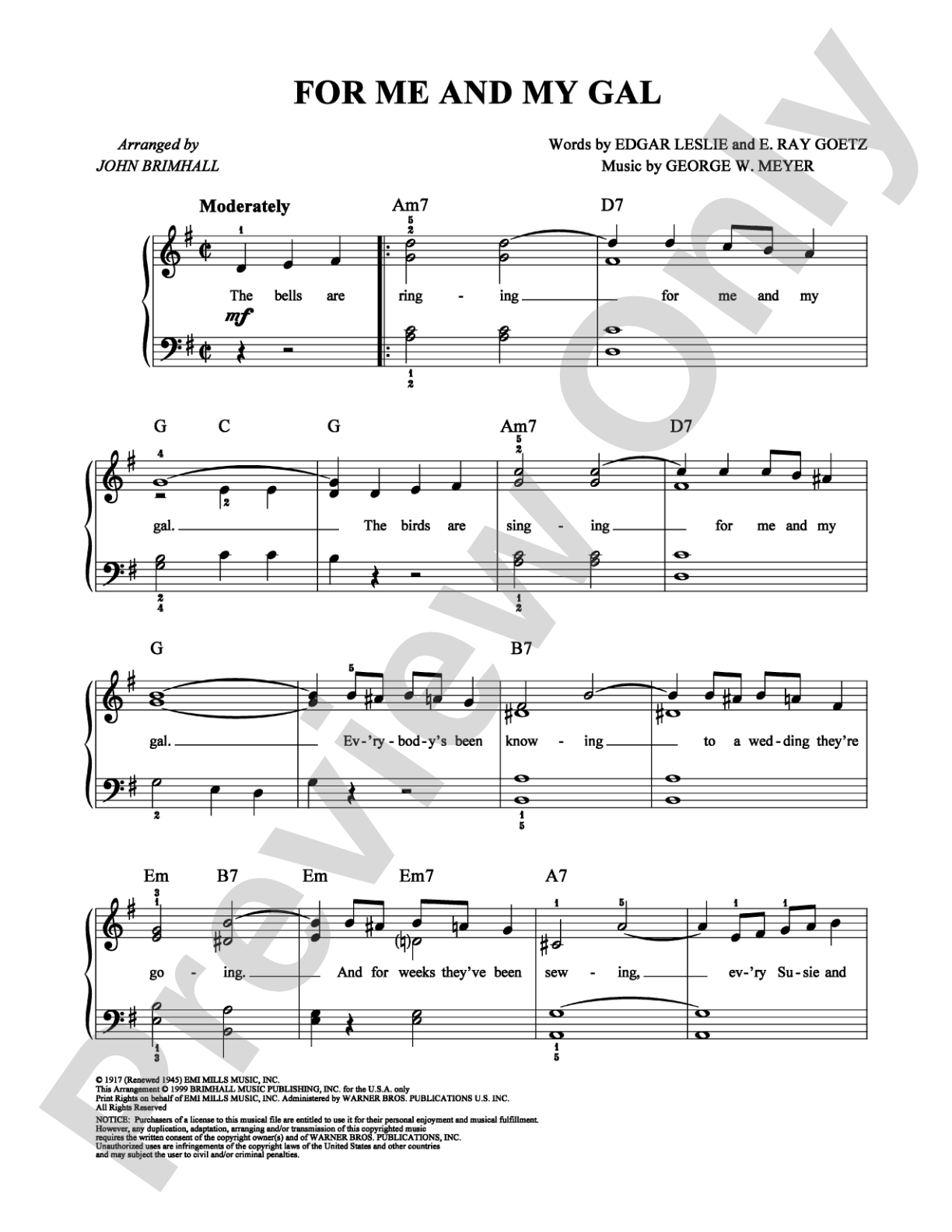 For Me and My Gal: Easy Piano Digital Sheet Music