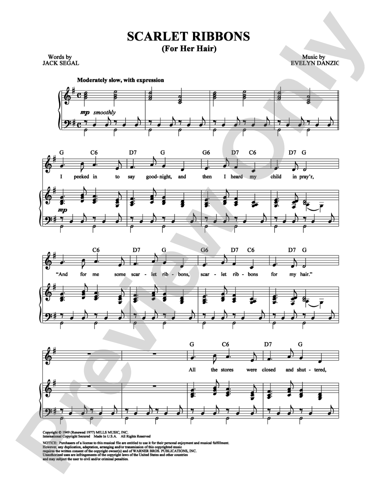 Scarlet Ribbons (For Her Hair): Piano/Vocal/Chords Digital Sheet Music
