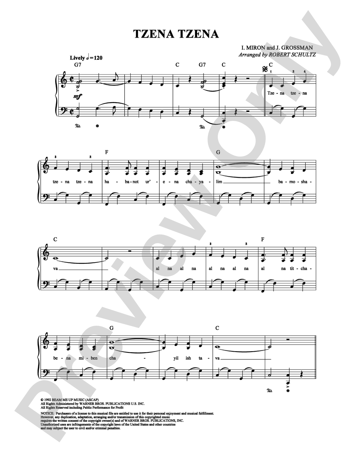 Tzena Tzena: Piano/Vocal/Chords Digital Sheet Music