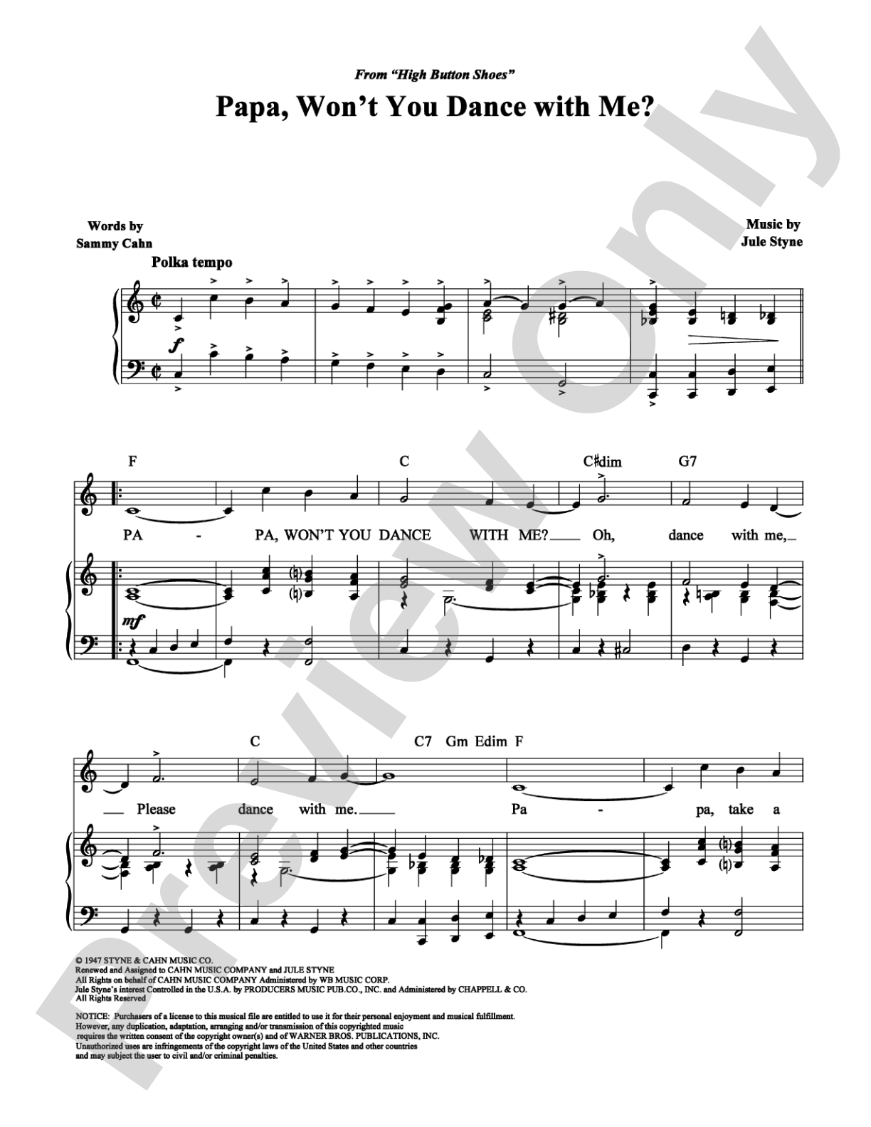 Papa, Won't You Dance With Me?: Piano/Vocal/Chords Digital Sheet Music
