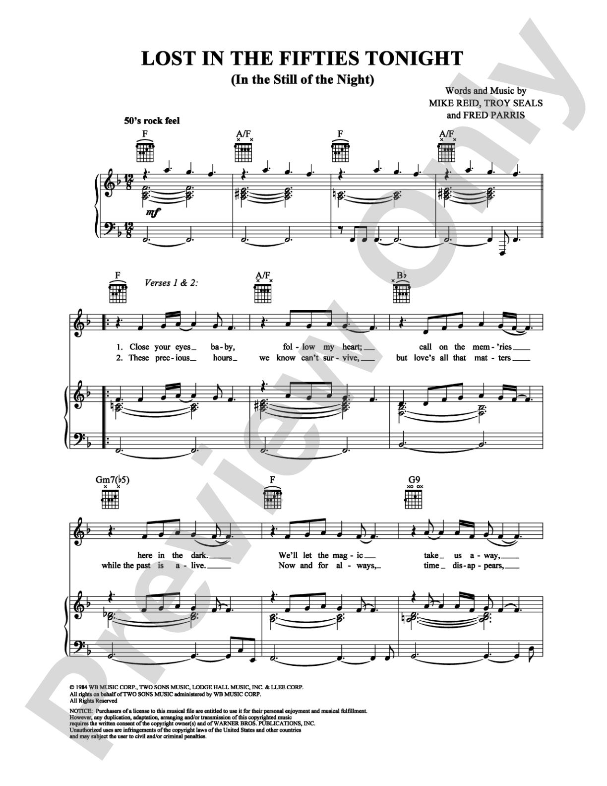 Lost in the Fifties Tonight (In the Still of the Night): Piano/Vocal/Chords Digital Sheet Music
