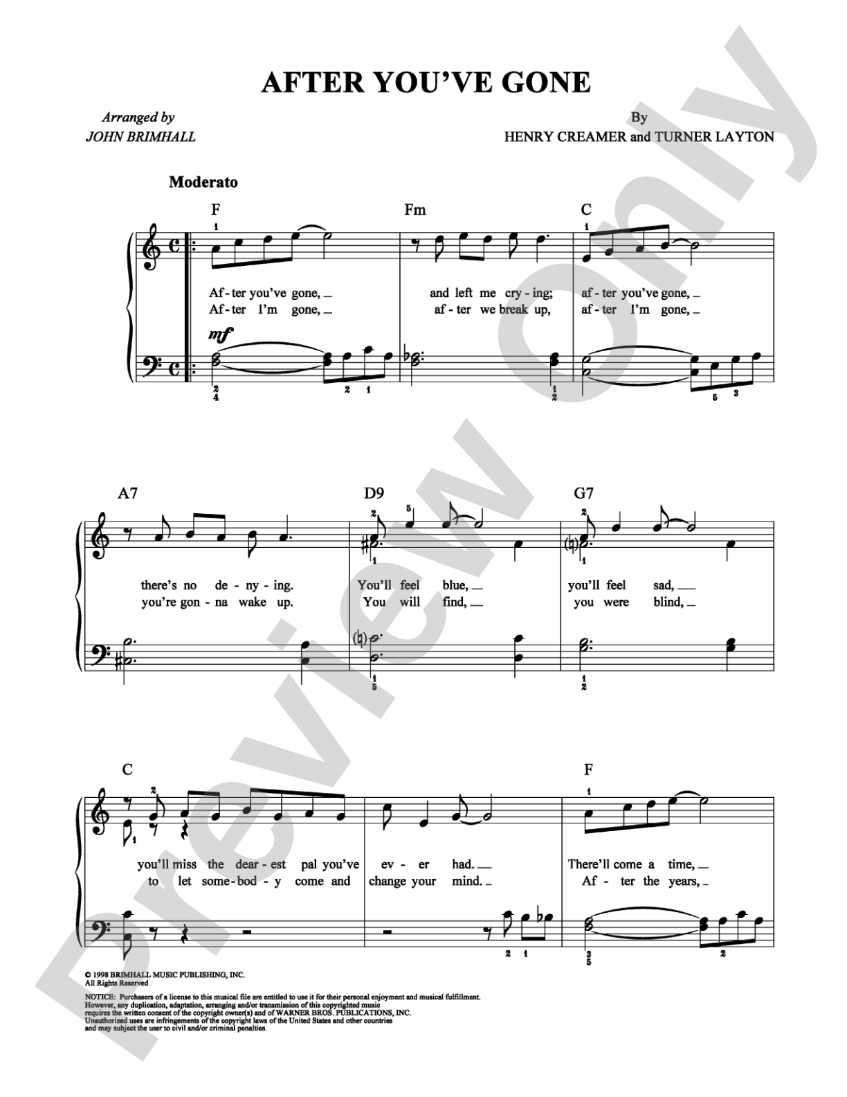 After You've Gone: Easy Piano Digital Sheet Music