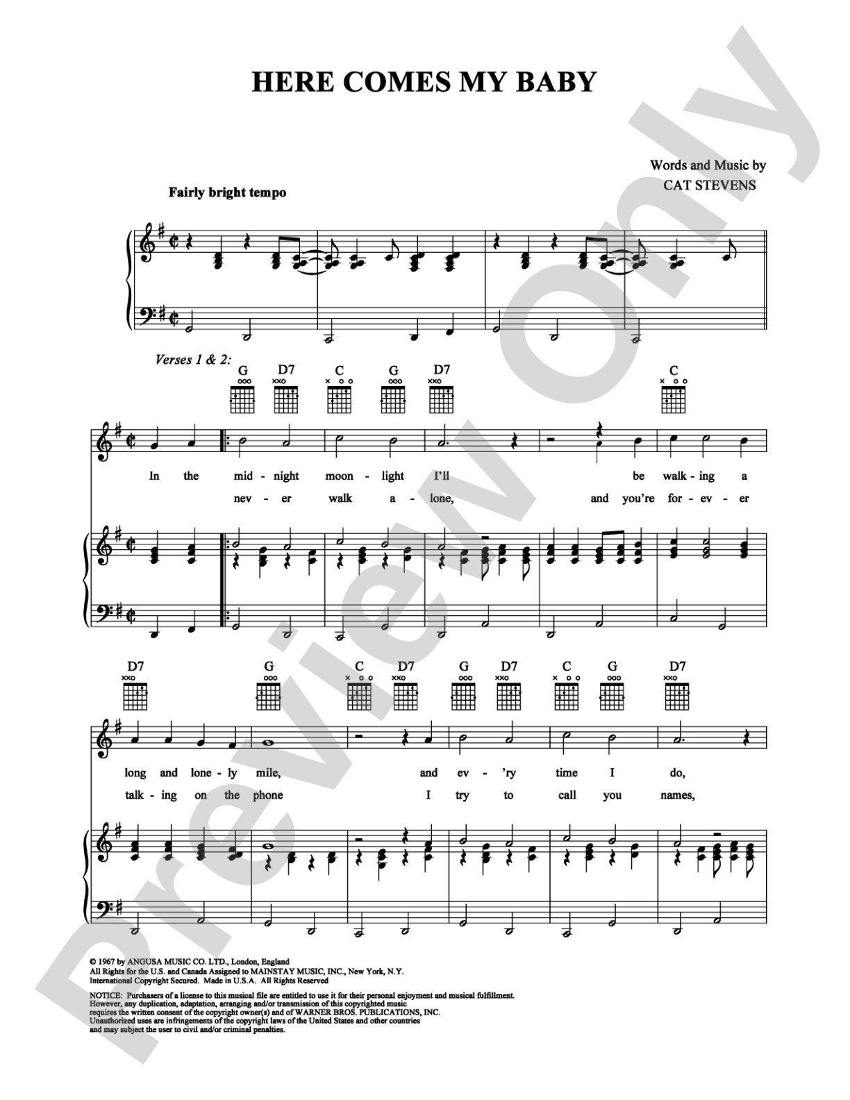 Here Comes My Baby: Piano/Vocal/Chords Digital Sheet Music