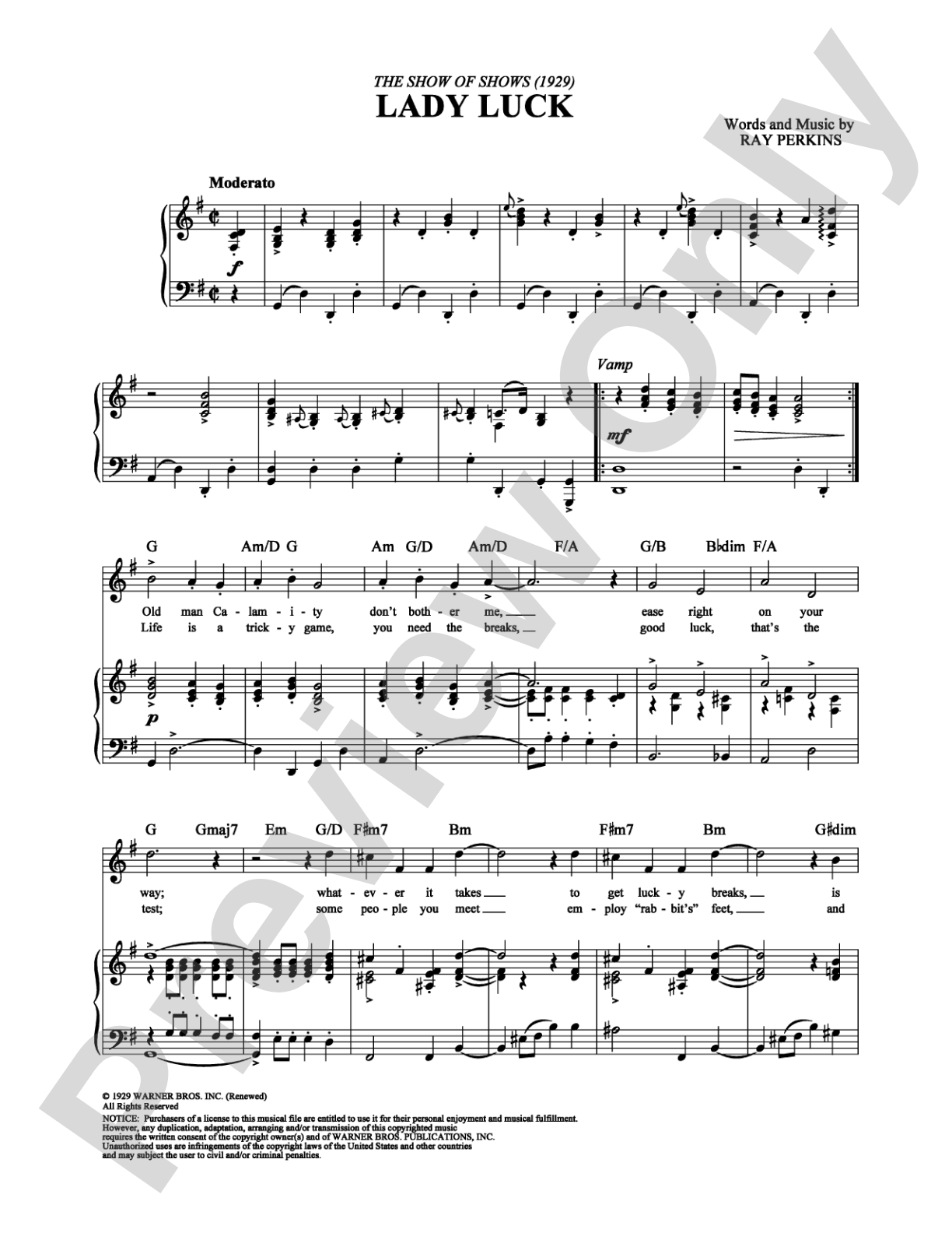 Lady Luck: Piano/Vocal/Chords Digital Sheet Music
