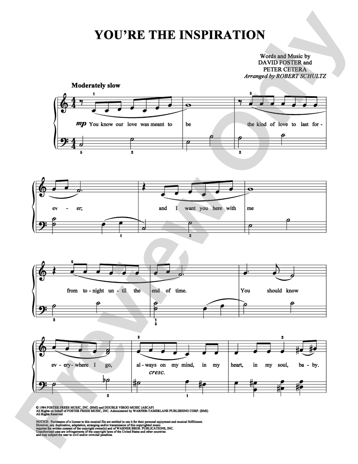 You're the Inspiration: Easy Piano Digital Sheet Music