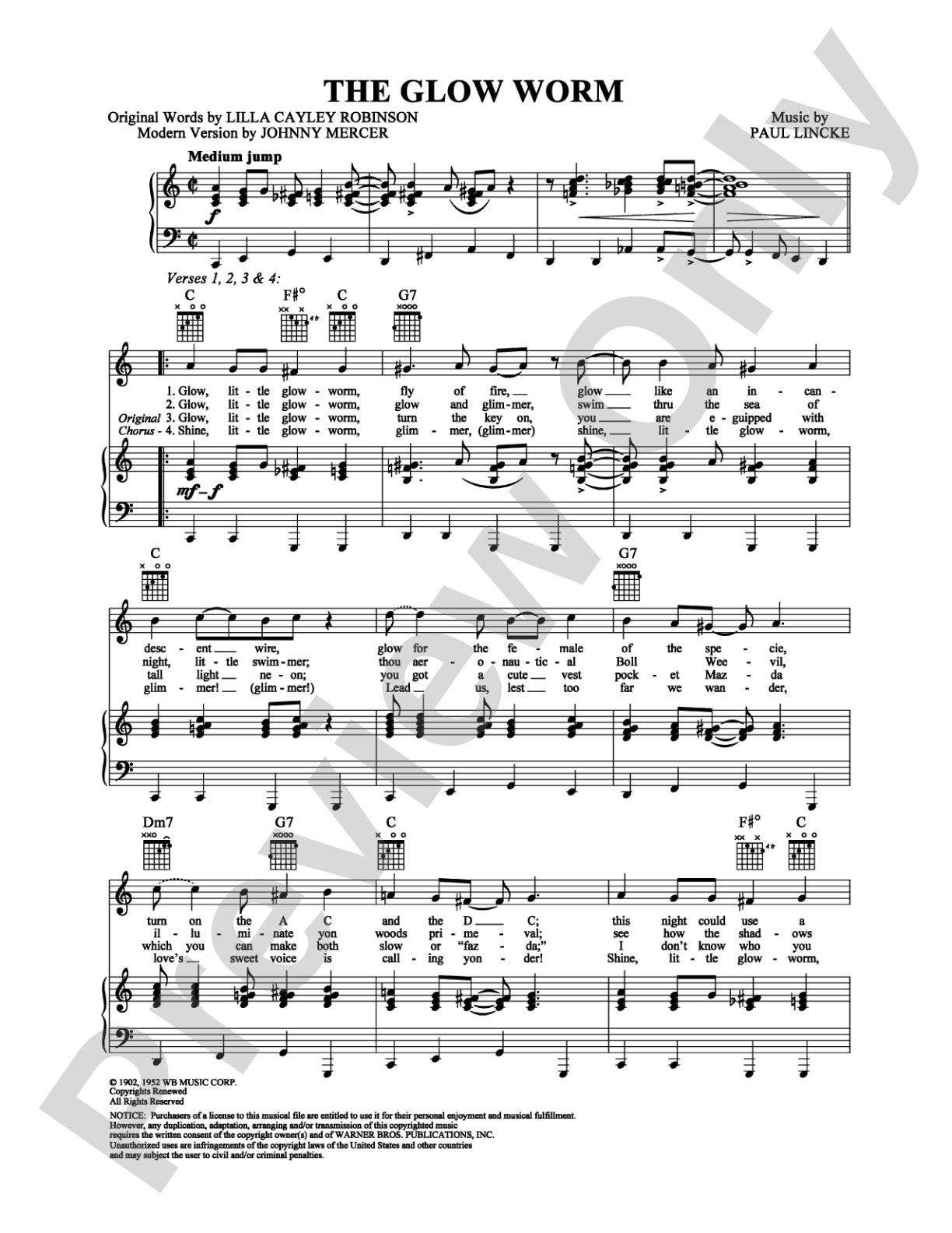 The Glow Worm: Piano/Vocal/Chords Digital Sheet Music