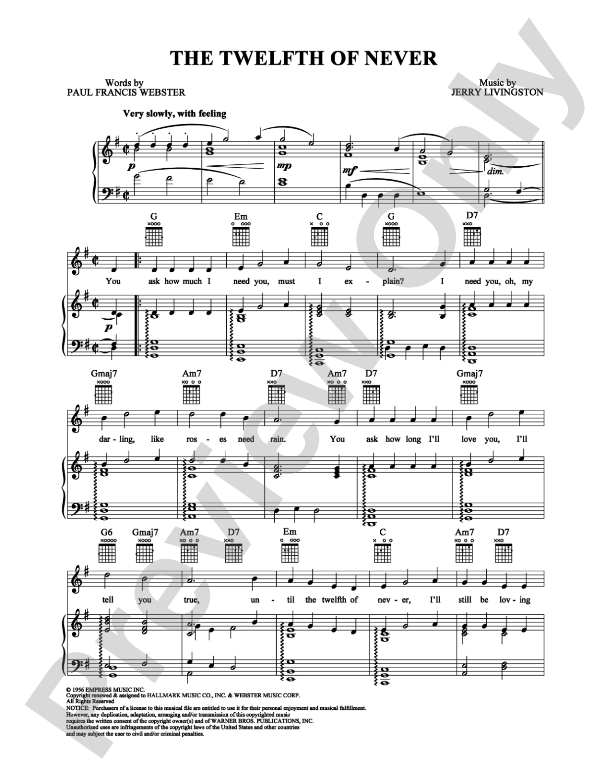 The Twelfth of Never: Piano/Vocal/Chords Digital Sheet Music